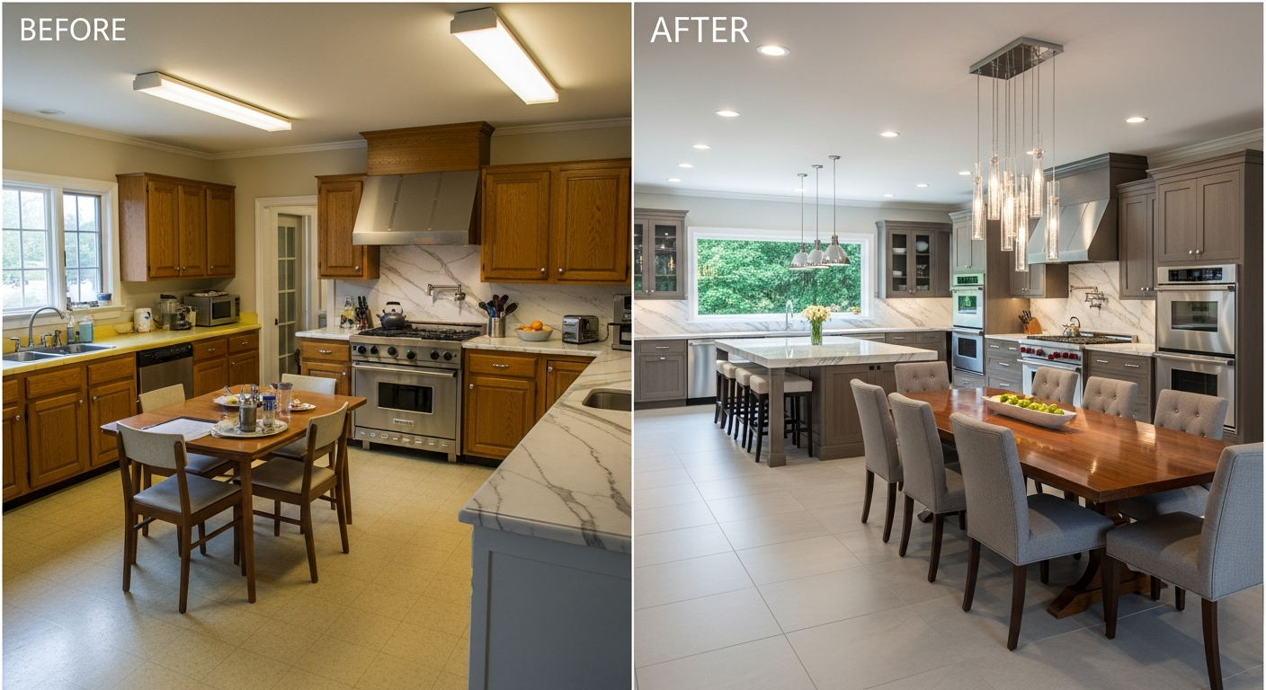 Kitchen and dining spaces